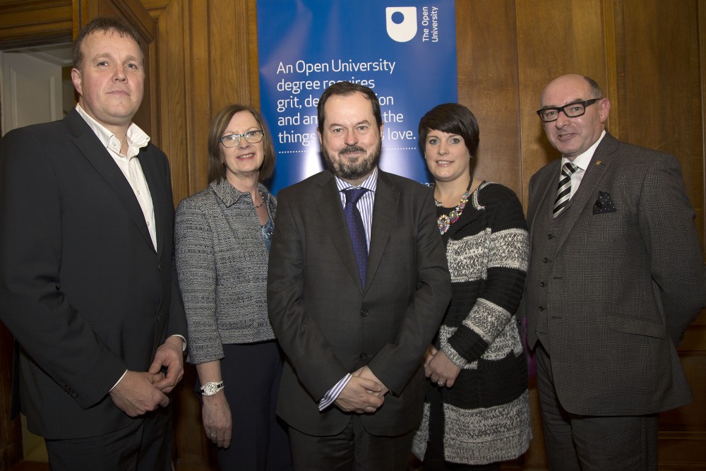 From left, MBA graduate Graeme Millar, Assistant Director of the OU in Ireland Heather Laird, Assistant Director of the OU in Ireland John Addy, Diploma in Higher Education in Mental Health Nursing graduate Andrea Craig and Director of the OU in Ireland John D’Arcy. Copyright: Kevin Cooper